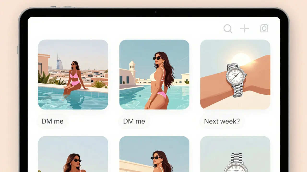 An Instagram profile with subtle hints of illicit services hidden among luxury lifestyle photos.