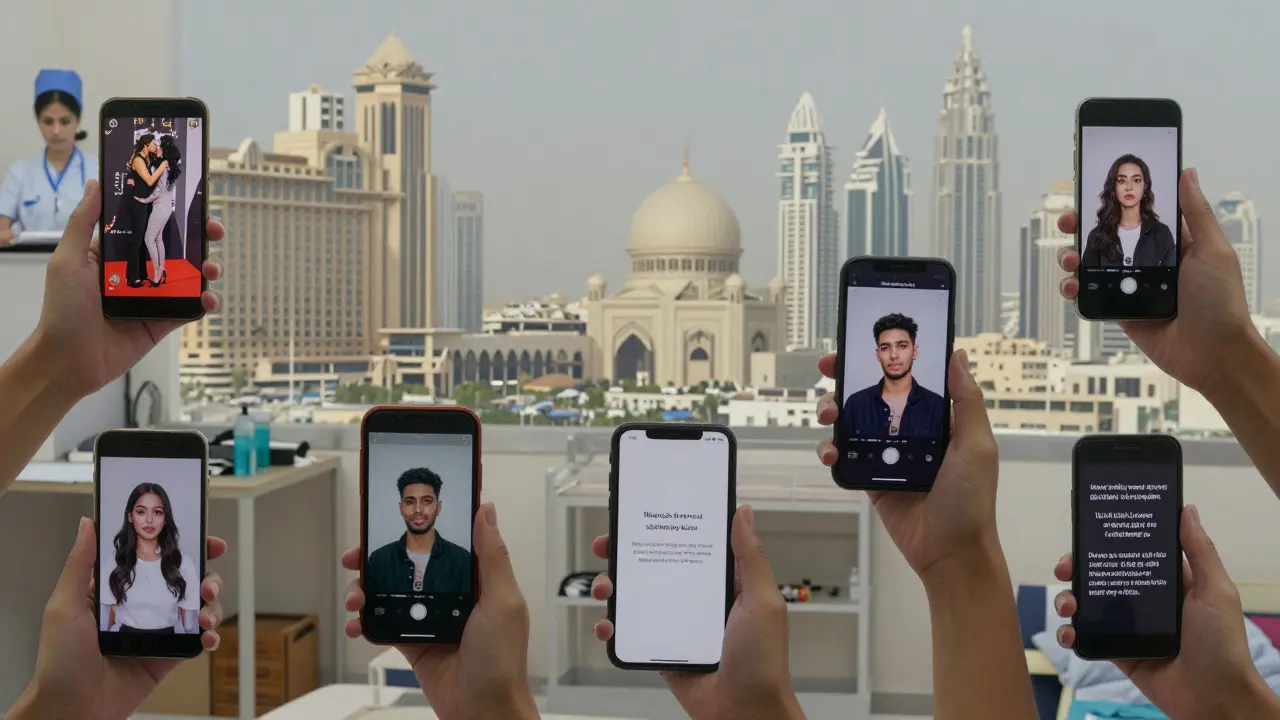 Anonymous hands hold phones displaying celebrity content amid Dubai’s urban backdrop, symbolizing quiet cultural influence.