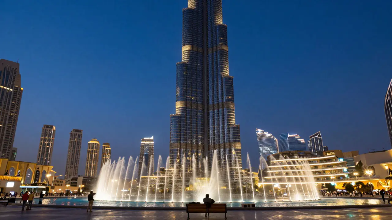 Burj Khalifa glowing under indigo night sky, Dubai Fountain mid-show, empty plaza, cinematic lighting.