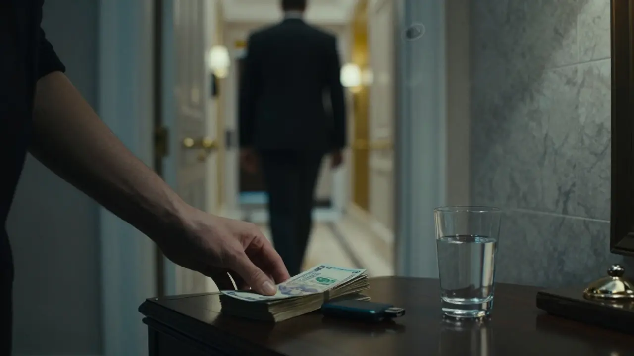 Cash and a USB drive on a hotel nightstand, with a figure walking away down a luxurious hallway.