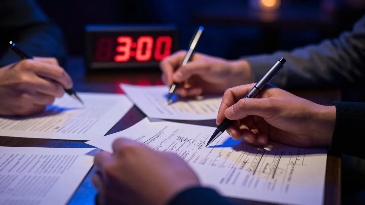 Close up of pen writing on paper during timed quiz round