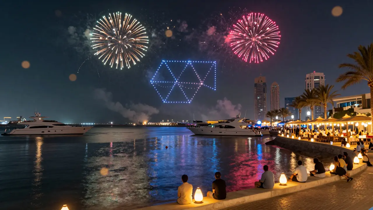 Colorful fireworks reflecting on Dubai Marina water with drones and people on the JBR promenade.