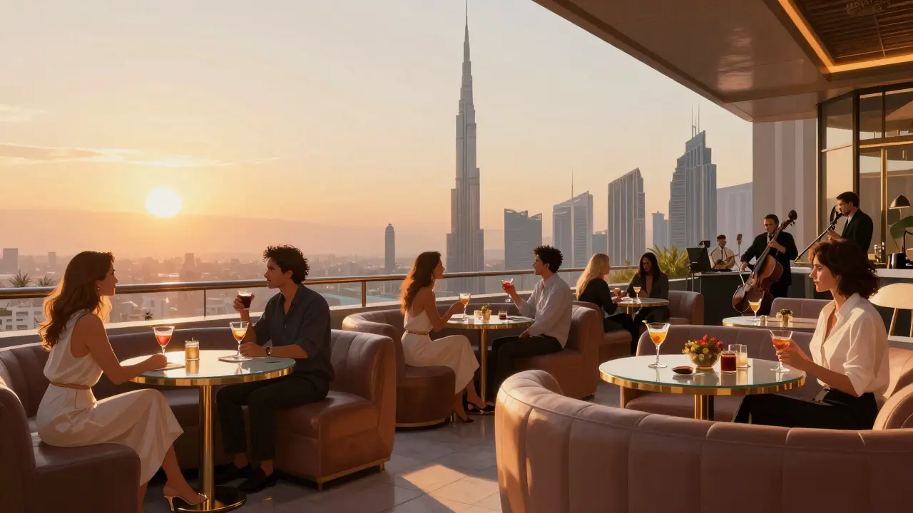 Couples and professionals sipping cocktails on a rooftop bar with Burj Khalifa in the background.