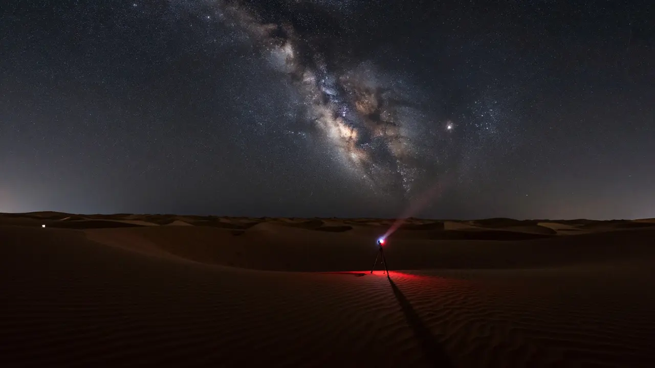 Desert dunes under starry Milky Way, tripod and red headlamp, silent night, star trails beginning.