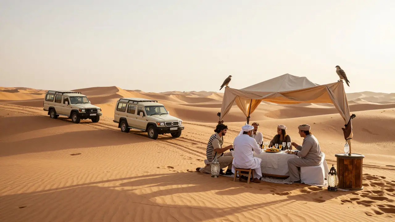 Desert safari at dawn with luxury vehicles, falcons, and champagne bar on golden dunes.