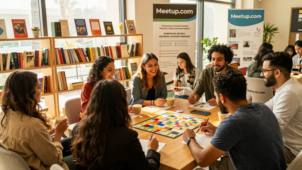 Diverse expats socializing in a bright community center, smiling over coffee and signing up for classes.