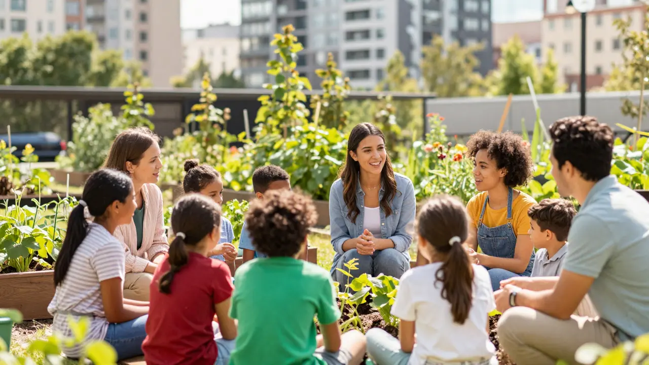 Diverse group in community garden with modern buildings.