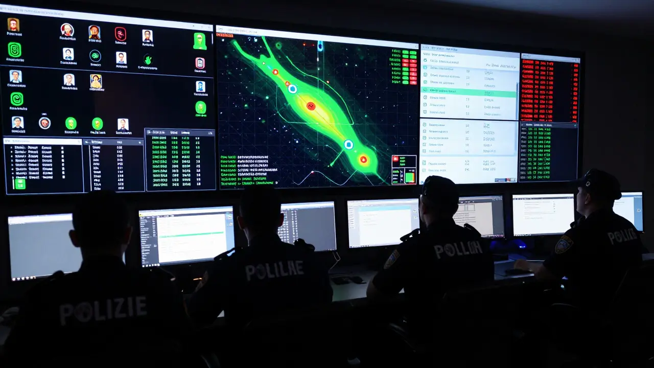 Dubai Police officers monitor encrypted app data feeds on screens showing activity maps and identity verification systems.