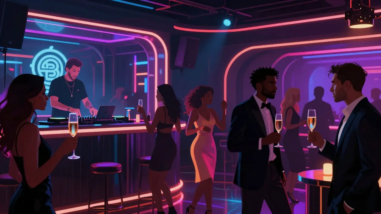 Elegant nightclub scene in Dubai with neon lights, DJ, and guests dressed formally.