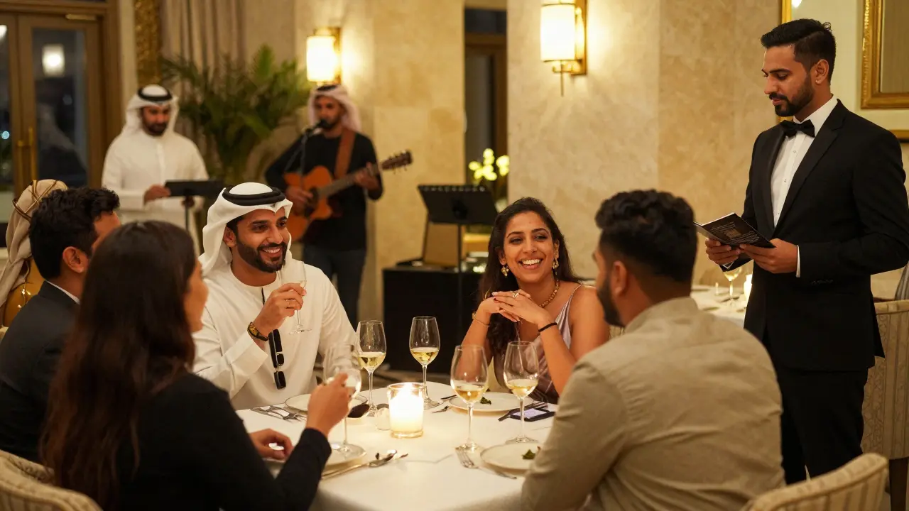 Expats enjoying a social event at a Dubai hotel with live music and wine.