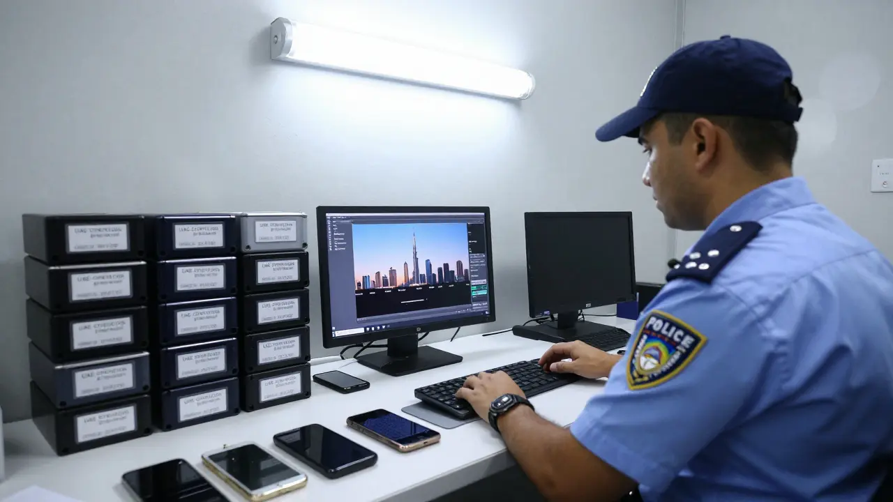 Forensic officers examining seized digital devices labeled with UAE Cybercrime Division tags in a sterile evidence room.