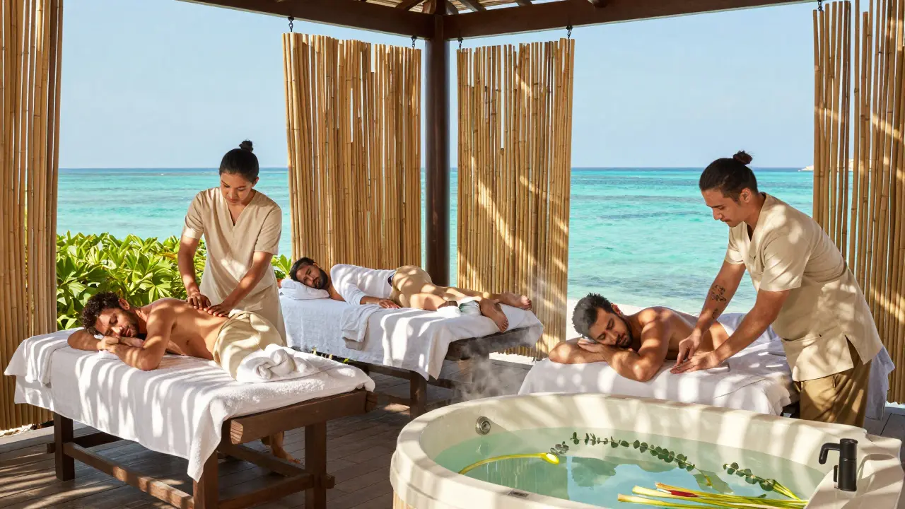Four men receiving side-by-side oceanfront massages at One&amp;Only The Palm Spa.