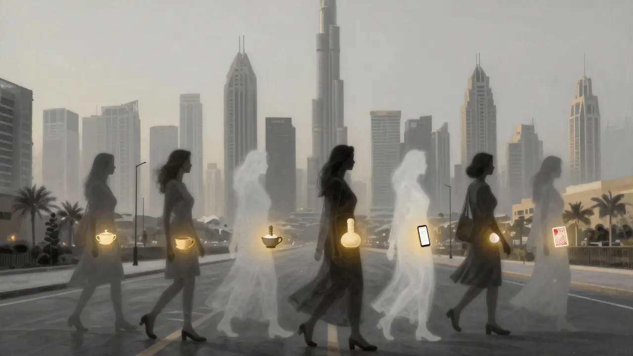 Ghostly silhouettes of foreign women walking through Dubai’s skyline, symbolizing hidden lives and economic survival.