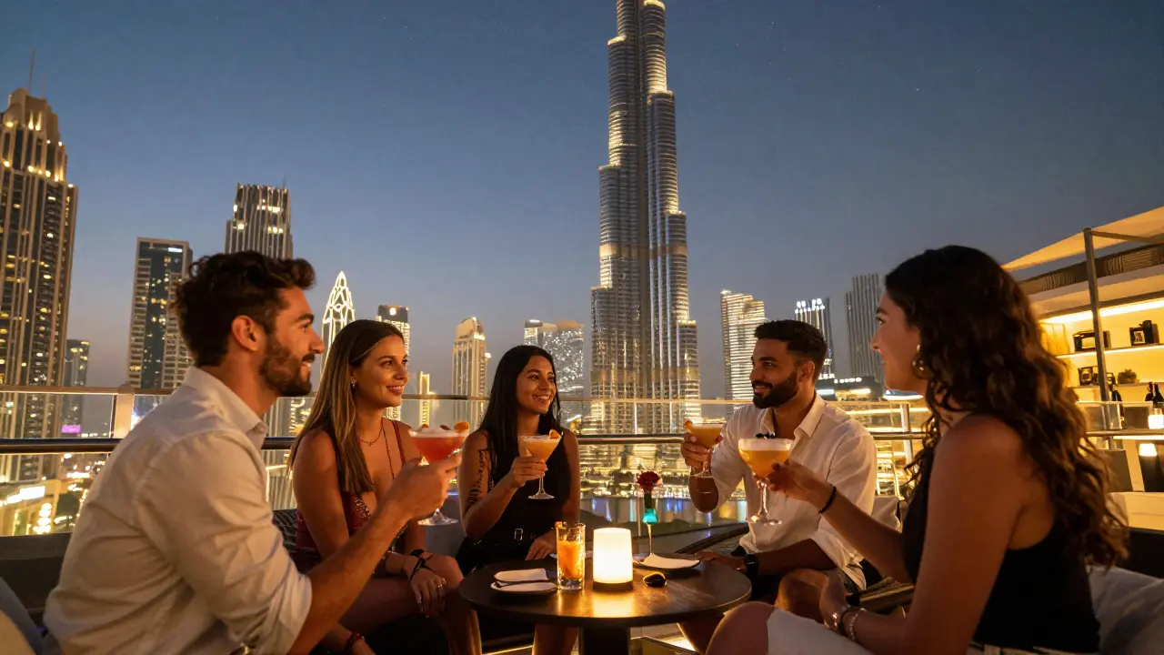 Group of friends enjoying drinks at a rooftop bar with city view.
