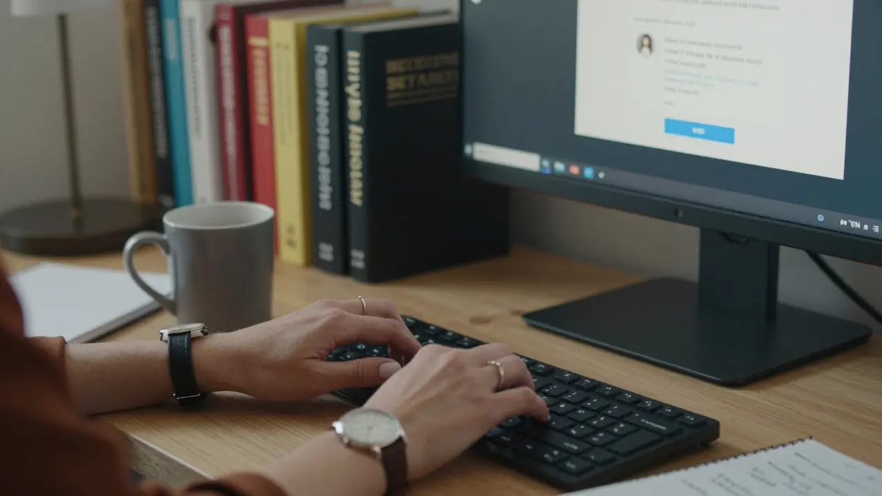 Hands typing on a keyboard with encrypted apps visible, surrounded by professional books and a coffee mug.