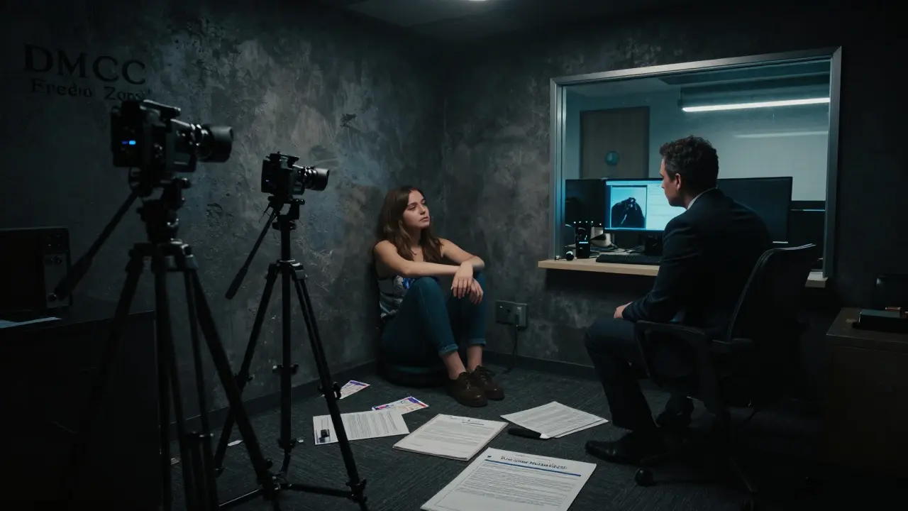 Hidden studio behind a false wall in a Dubai business center, cameras filming a terrified performer under harsh lights.