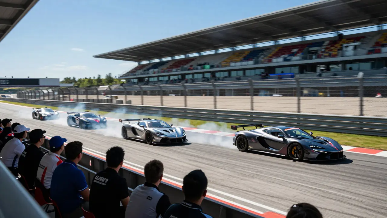 High-performance sports cars racing on a professional closed track circuit.