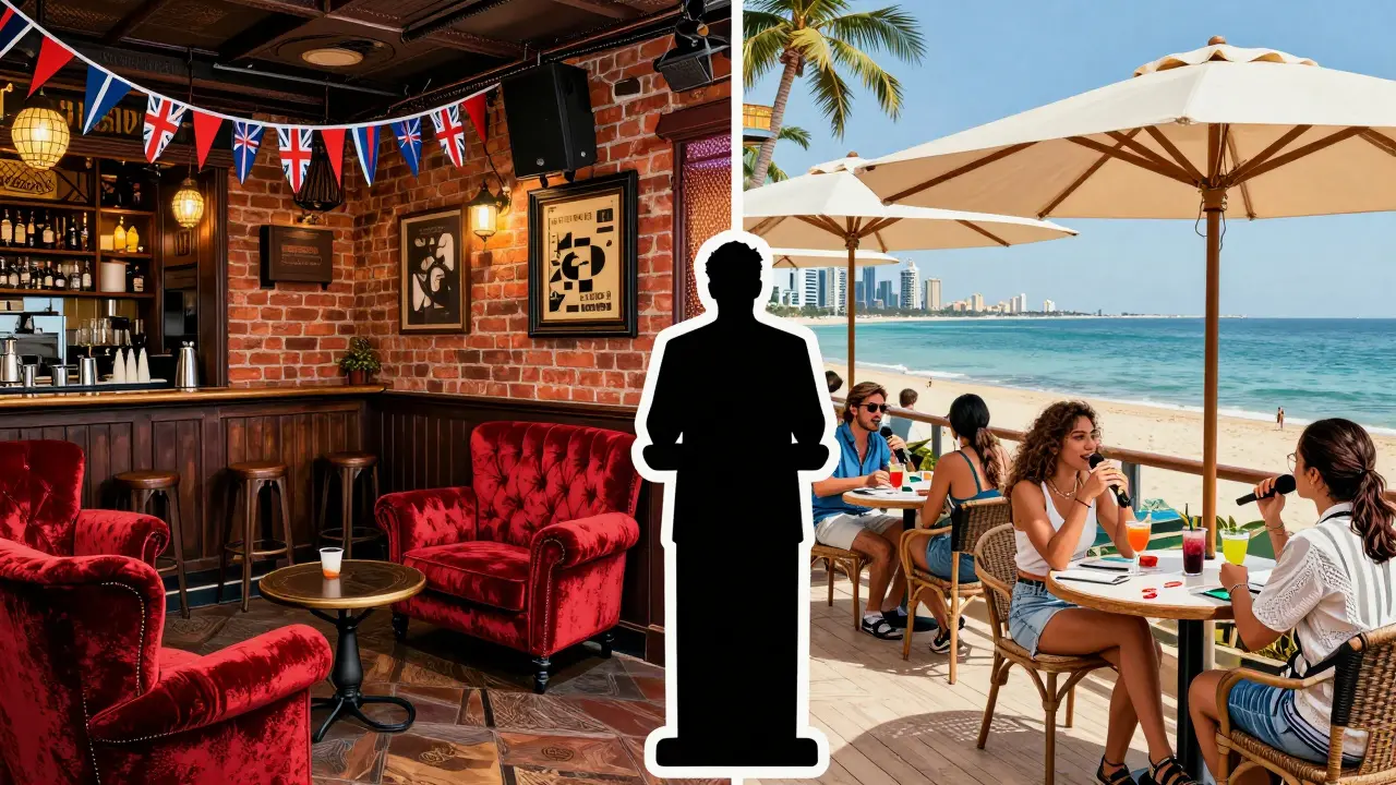 Illustration comparing traditional pub and beachside bar settings