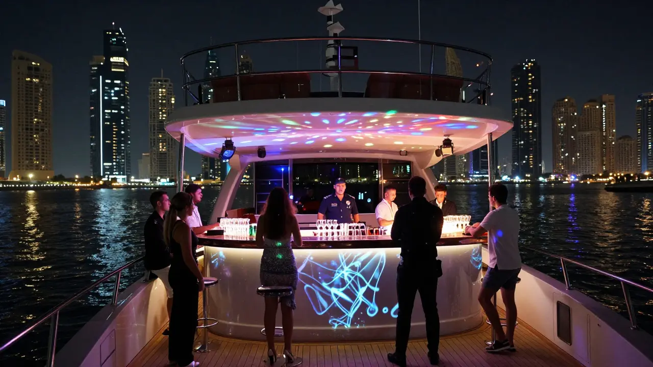 Night view of party yacht with neon lights and Dubai skyline
