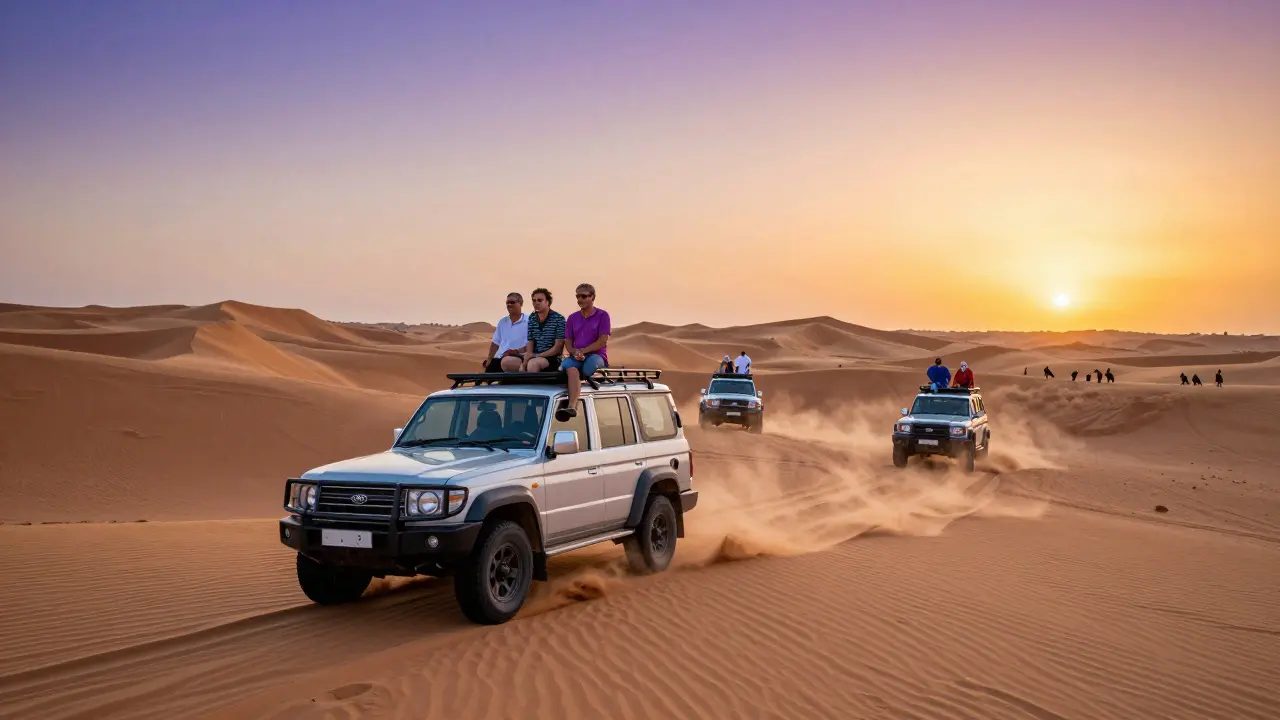 Off-road vehicles driving on golden desert dunes at sunset