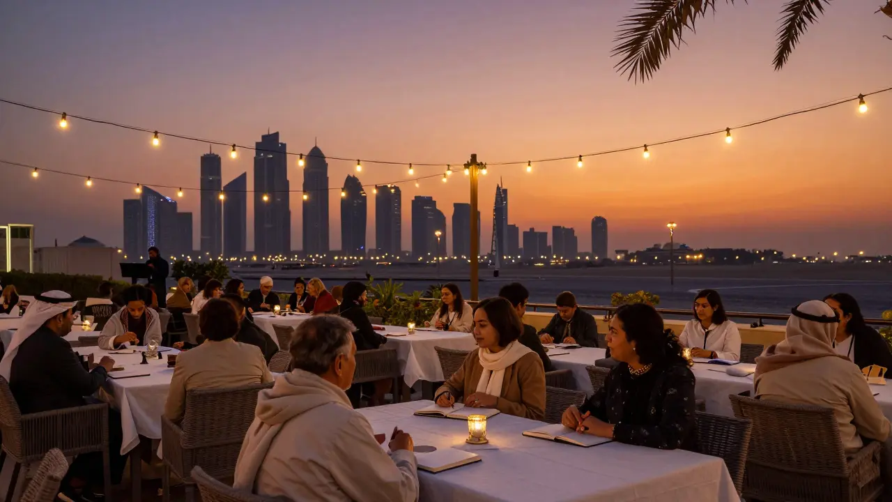 Outdoor poetry terrace gathering at dusk with Dubai skyline view.