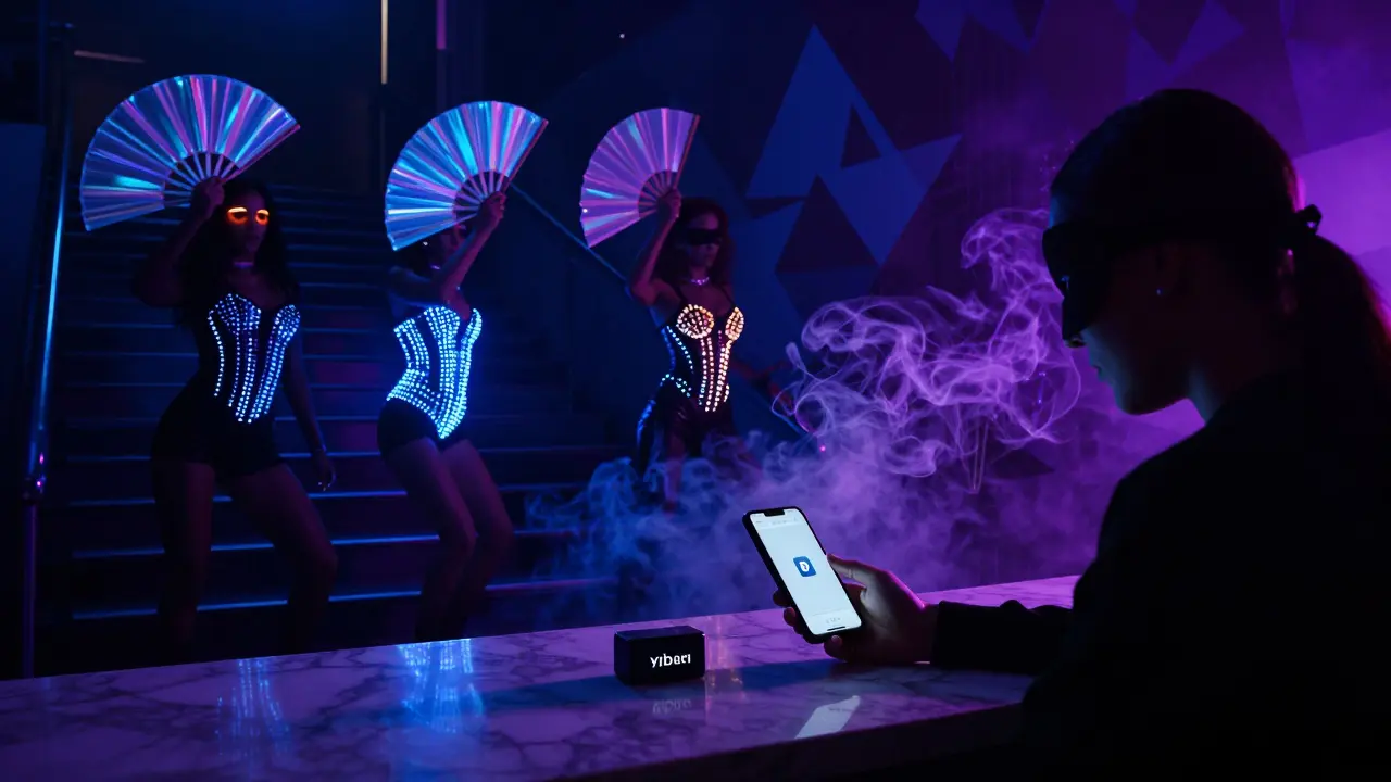 Performers in glowing LED costumes under synthwave lights at Neon Noir, with phones locked in a secure box at the entrance.