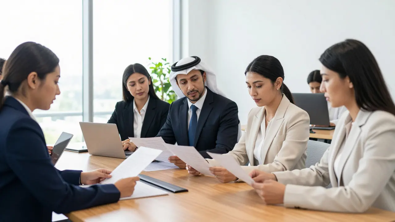 Professional women in business suits collaborating at office conference table