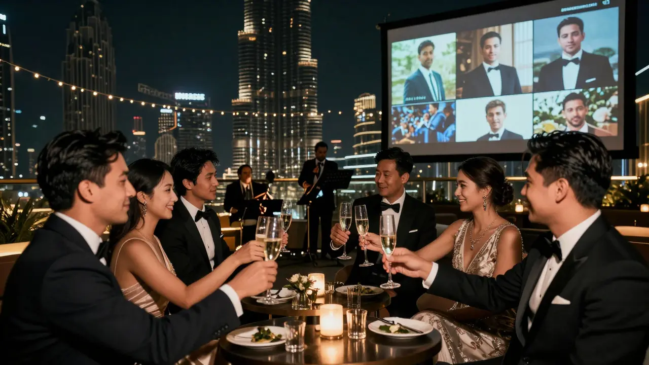 Rooftop lounge at night in Dubai with guests enjoying jazz and Burj Khalifa glowing behind them.