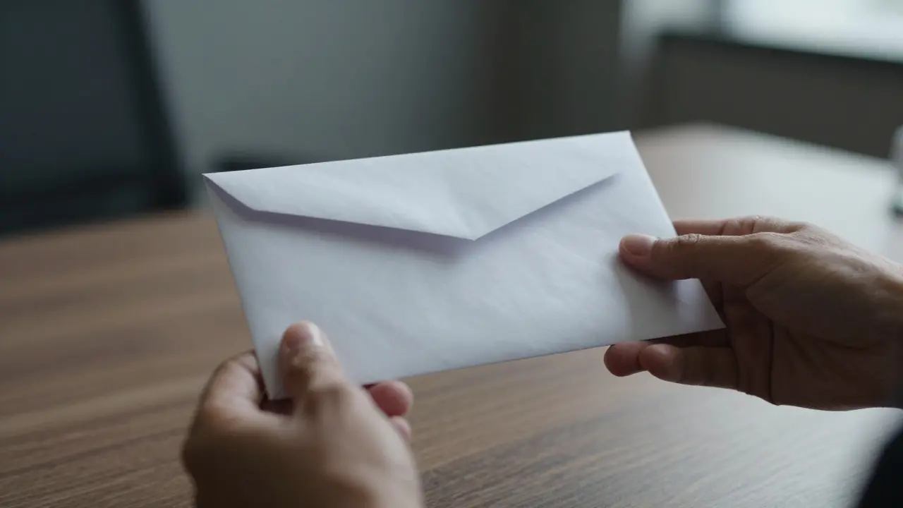 Shadowed hands exchanging a sealed envelope anonymously.