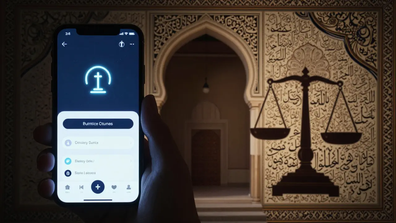 Smartphone displaying digital content near Islamic patterned wall