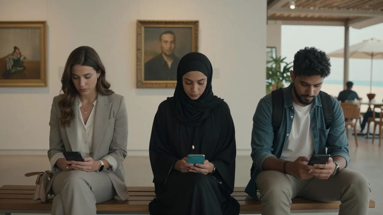 Three diverse professionals in Dubai, each alone in a different setting, hinting at hidden companionship through subtle cues.