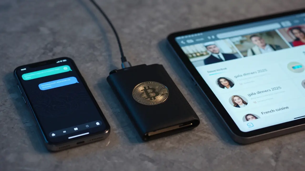 Three encrypted devices on a marble surface: a phone, crypto wallet, and tablet showing a client profile for companionship services.