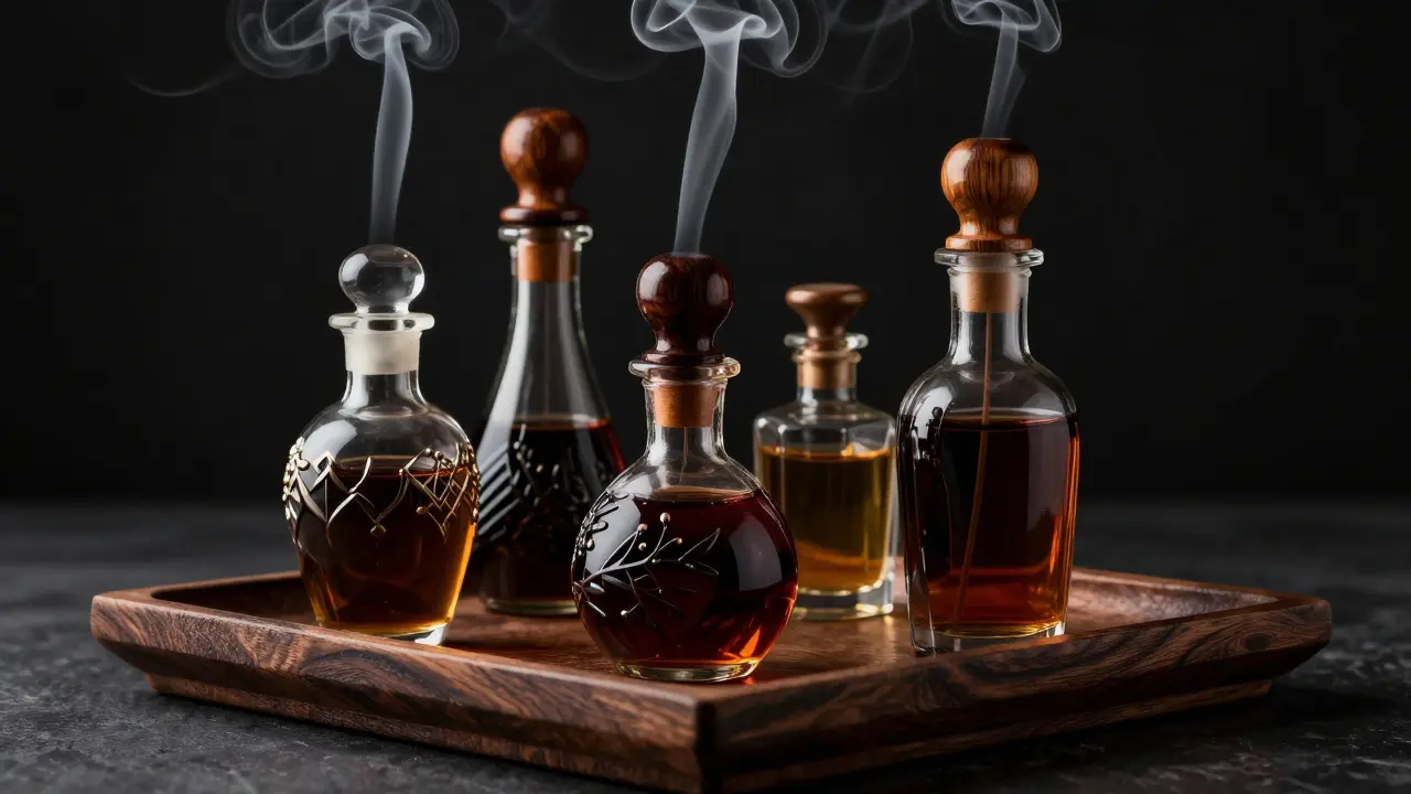 Traditional oud perfume bottles with smoke on a wooden tray.