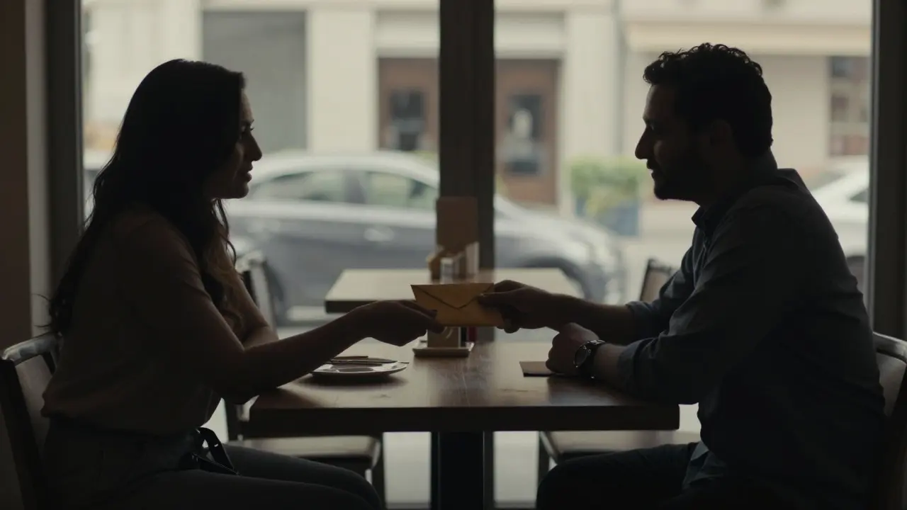 Two anonymous figures exchanging an envelope at a quiet Dubai café, no faces shown, only silhouettes.