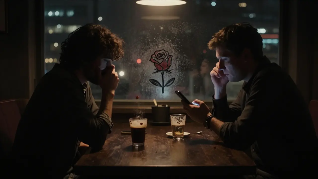 Two anonymous figures in a private lounge exchange voice notes, a rose emoji visible in condensation on a glass between them.