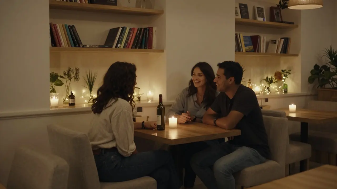 Two people sharing a quiet moment in a dimly lit intimacy café in Dubai Marina, with candles and bookshelves in the background.