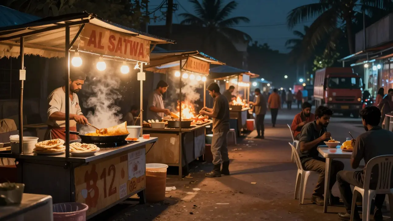 Vibrant street food lane in Al Satwa at midnight with stalls serving dosa and nihari, workers eating at plastic tables under string lights.